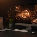 Interfaz futurista integrando ChatGPT, Codex y Atlas en una superapp de escritorio para potenciar la productividad en startups tecnológicas con IA aplicada.