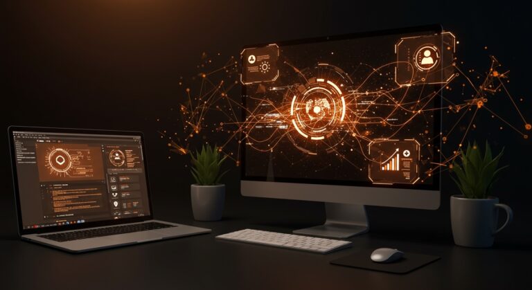 Interfaz futurista integrando ChatGPT, Codex y Atlas en una superapp de escritorio para potenciar la productividad en startups tecnológicas con IA aplicada.