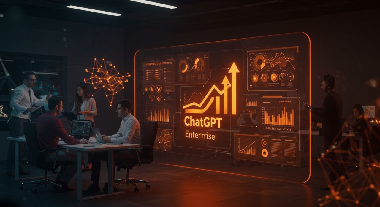 Profesionales colaborando en entorno corporativo con inteligencia artificial aplicada y ChatGPT Enterprise impulsando productividad en startups LATAM.