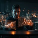 Fundador tecnológico interactuando con interfaces holográficas de IA aplicada y herramientas de productividad en un entorno futurista empresarial.