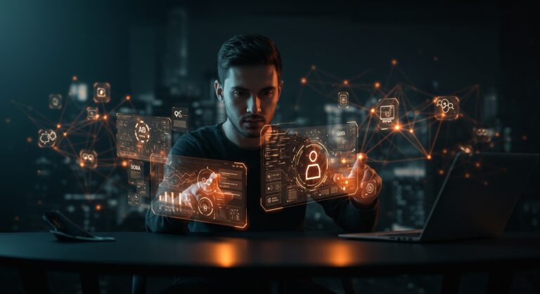 Fundador tecnológico interactuando con interfaces holográficas de IA aplicada y herramientas de productividad en un entorno futurista empresarial.