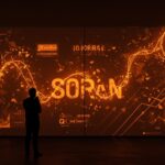 Silueta de fundador de startup frente a pantalla digital con patrones de IA y símbolos de competencia y cierre de Sora en mercado tecnológico.