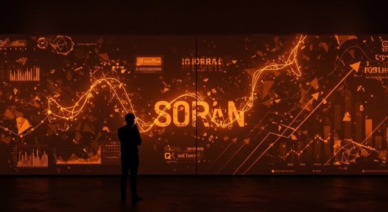 Silueta de fundador de startup frente a pantalla digital con patrones de IA y símbolos de competencia y cierre de Sora en mercado tecnológico.