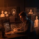 Desarrollador implementando políticas de seguridad en IA para adolescentes con un entorno visual de redes neuronales y protección digital.