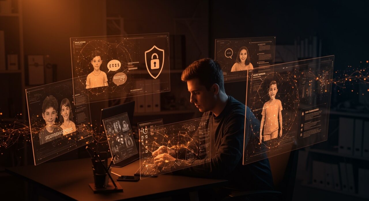 Desarrollador implementando políticas de seguridad en IA para adolescentes con un entorno visual de redes neuronales y protección digital.