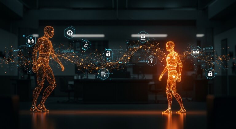 Representación visual de la sustitución de Anthropic por OpenAI en agencias federales de EE.UU. con metáforas de inteligencia artificial y seguridad tecnológica.