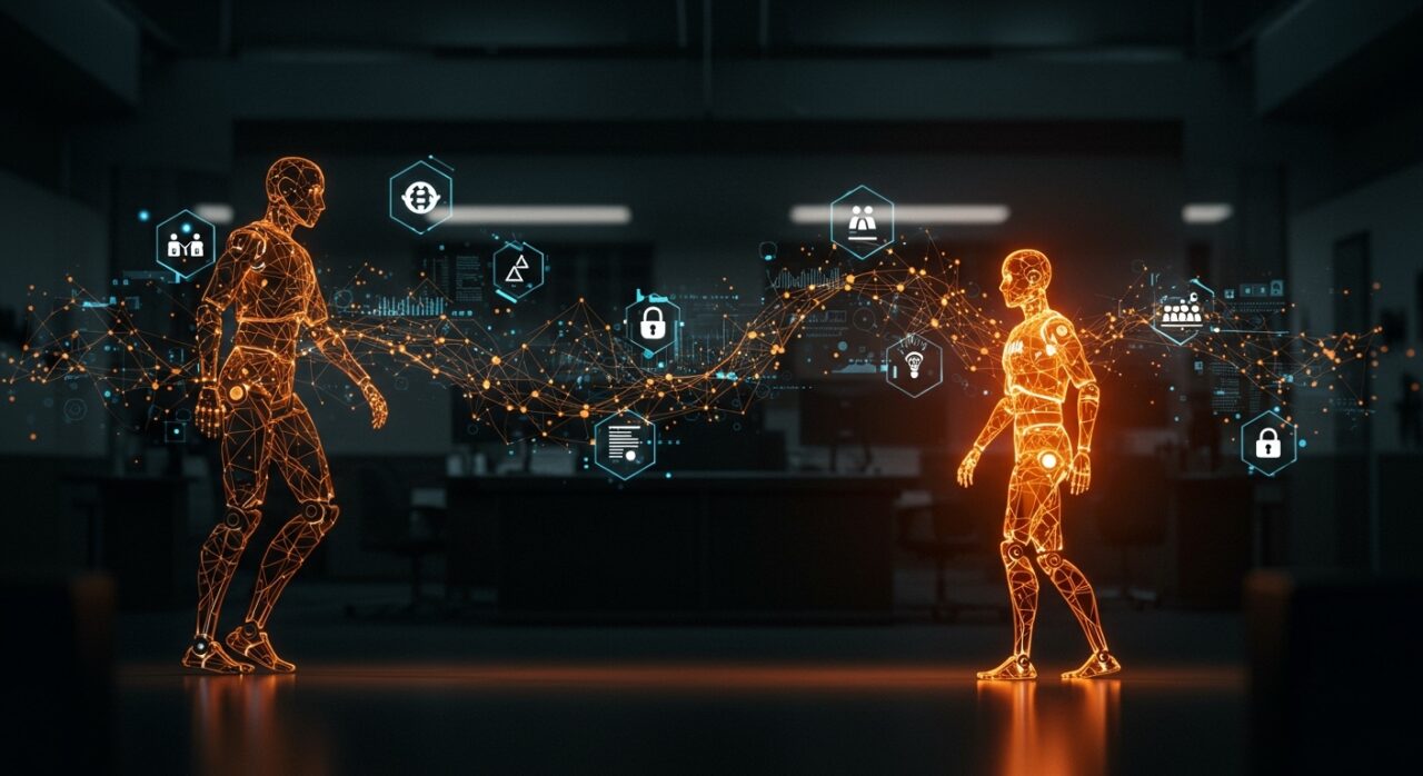 Representación visual de la sustitución de Anthropic por OpenAI en agencias federales de EE.UU. con metáforas de inteligencia artificial y seguridad tecnológica.