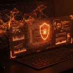 Interfaz futurista de agentes de codificación IA con monitorización y seguridad activa en un entorno tecnológico innovador.