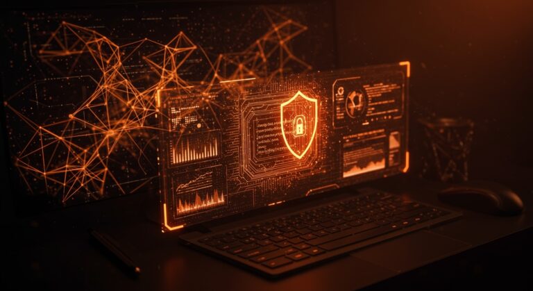 Interfaz futurista de agentes de codificación IA con monitorización y seguridad activa en un entorno tecnológico innovador.