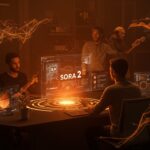 Fundadores tecnológicos interactuando con hologramas de IA generativa de video Sora 2 de OpenAI en un espacio futurista de startups.