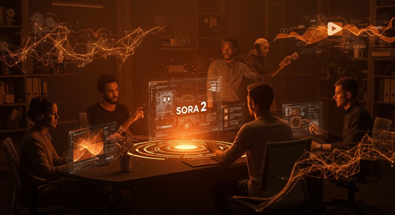 Fundadores tecnológicos interactuando con hologramas de IA generativa de video Sora 2 de OpenAI en un espacio futurista de startups.