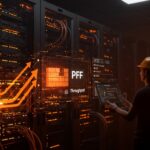 Visualización futurista de OpenBSD PF superando 4 Gbps en shaping de tráfico de red 10G para alto rendimiento en startups.