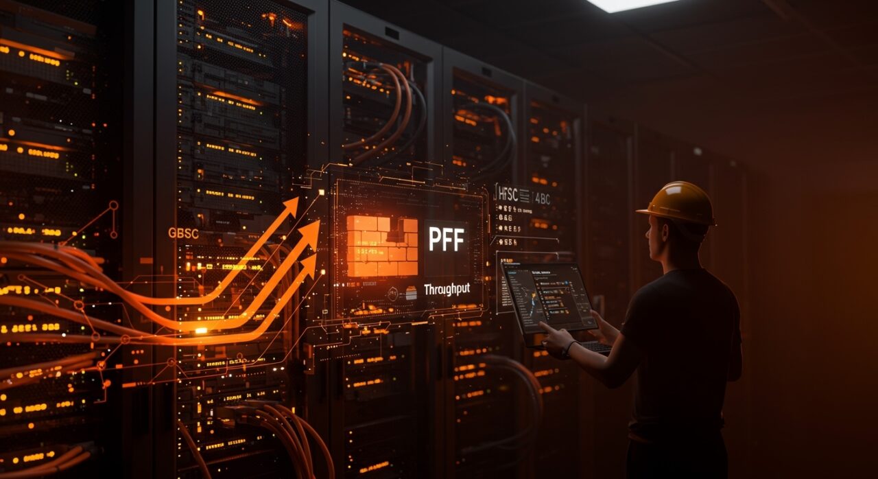 Visualización futurista de OpenBSD PF superando 4 Gbps en shaping de tráfico de red 10G para alto rendimiento en startups.