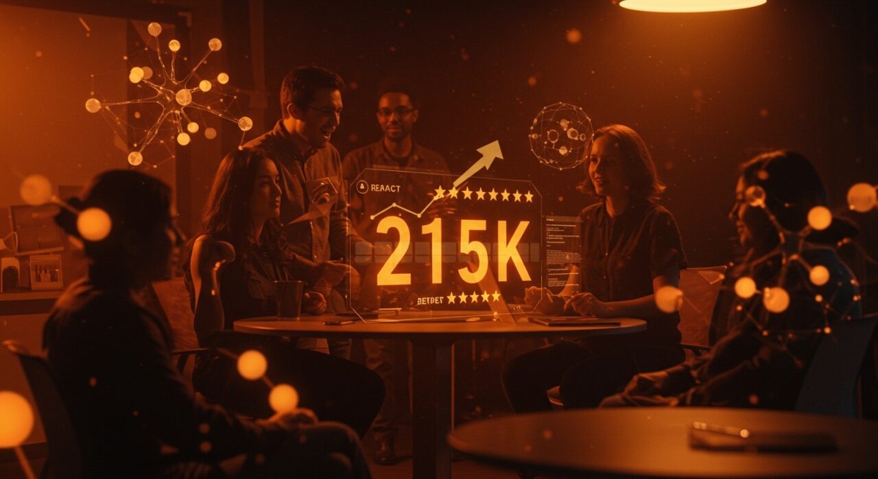 Equipo de emprendedores celebrando 215 mil estrellas en GitHub por el proyecto OpenClaw con crecimiento viral y agentes AI en comunidad open source.