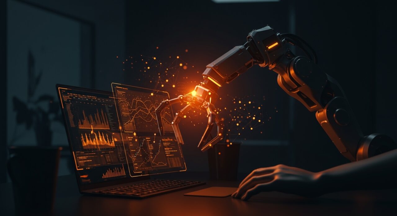 Agente de IA OpenClaw automatizando procesos en startup tech con ilustración de tecnología y redes neuronales en paleta naranja y negro.