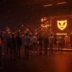 Colas frente a la interfaz digital del agente IA OpenClaw en Tencent China, destacando su éxito y automatización en inteligencia artificial open source.