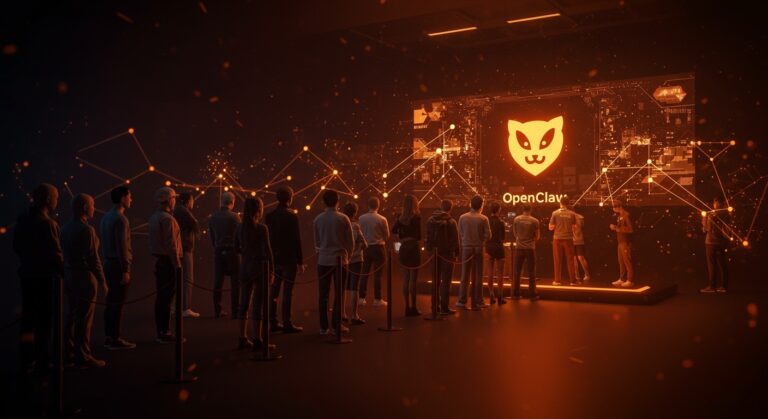 Colas frente a la interfaz digital del agente IA OpenClaw en Tencent China, destacando su éxito y automatización en inteligencia artificial open source.