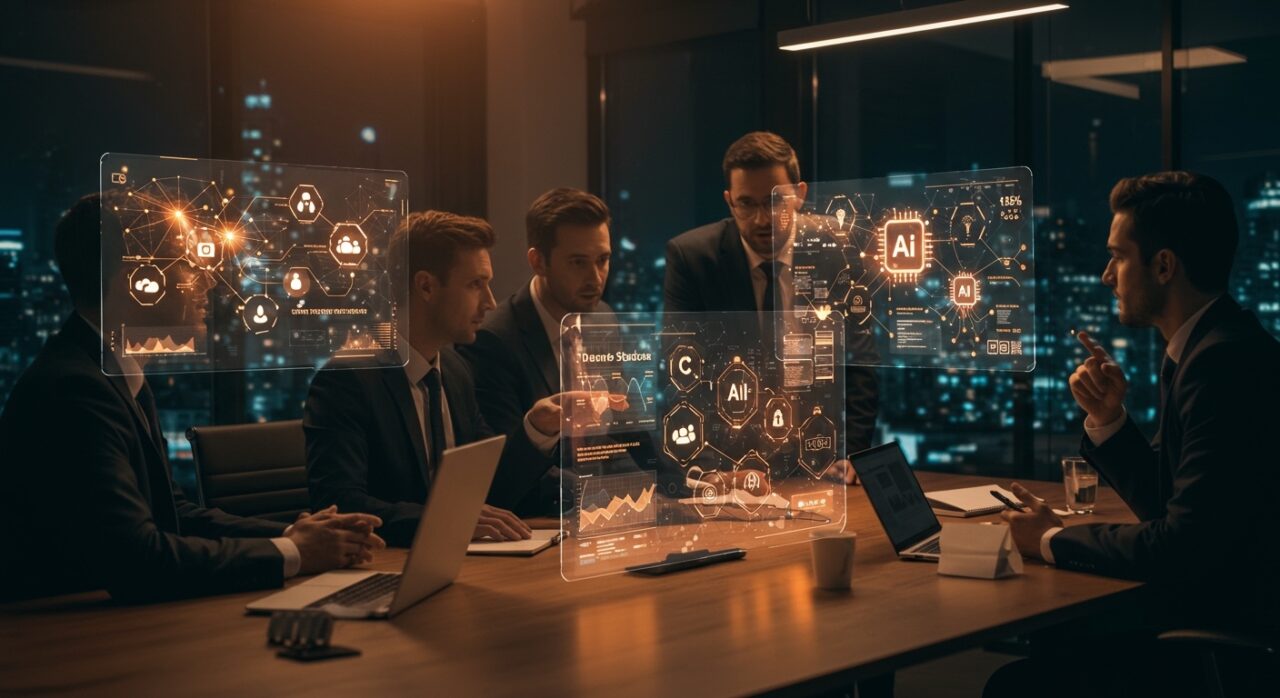 Profesionales colaborando con hologramas de inteligencia artificial y datos confiables en OpenText Summit para acelerar la transformación digital.