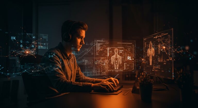 Líder experto en IA avanzada trabajando remotamente con aprendizaje reforzado y búsqueda simbólica en un entorno tecnológico startup.