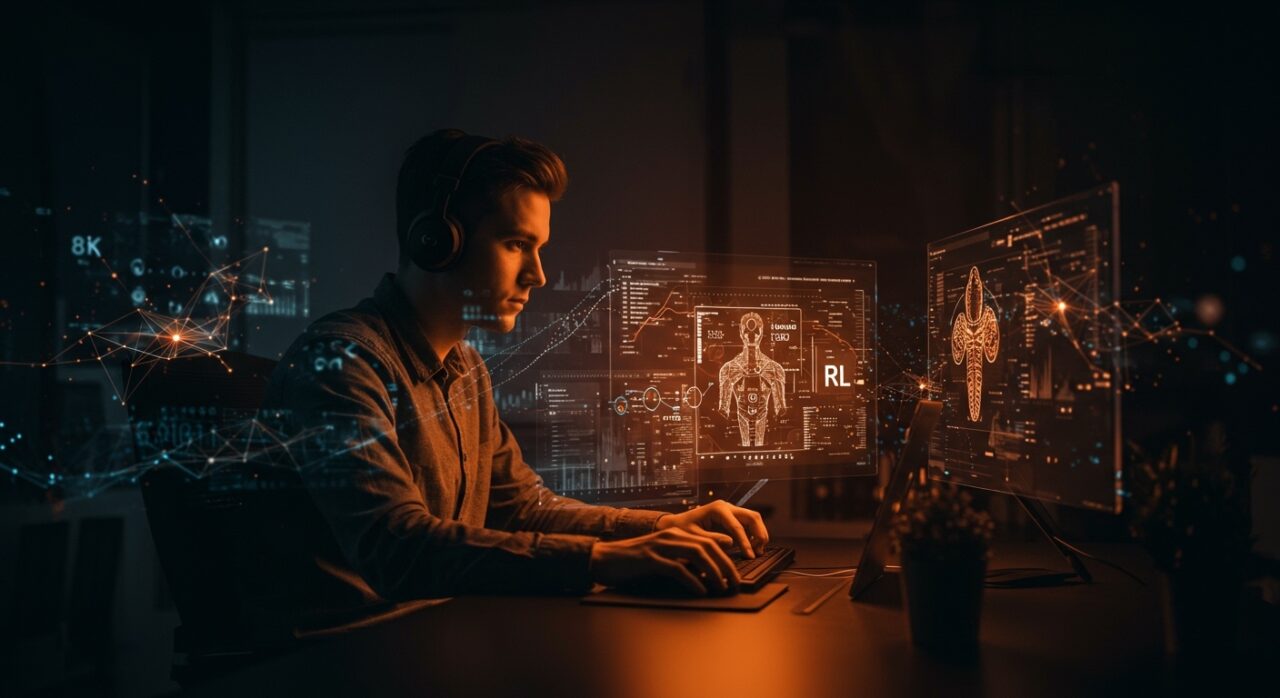 Líder experto en IA avanzada trabajando remotamente con aprendizaje reforzado y búsqueda simbólica en un entorno tecnológico startup.