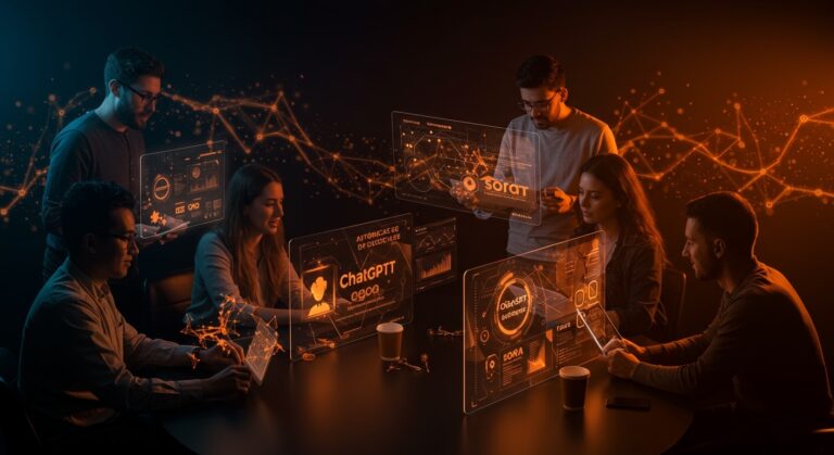 Emprendedores LATAM colaborando con inteligencia artificial aplicada de ChatGPT Enterprise y Sora para automatización y productividad en startups.