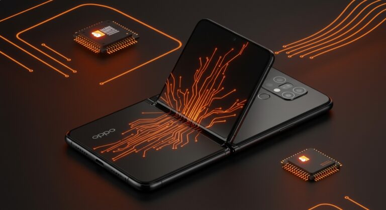 OPPO Find N6 smartphone plegable con pantalla casi perfecta y tecnología avanzada, presentado en un estilo editorial innovador y tecnológico.