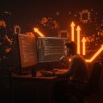 Optimización y portabilidad en el código fuente de Minecraft visualizado con un desarrollador y metáforas tecnológicas de arquitectura de juegos y programación en C++ y Java.