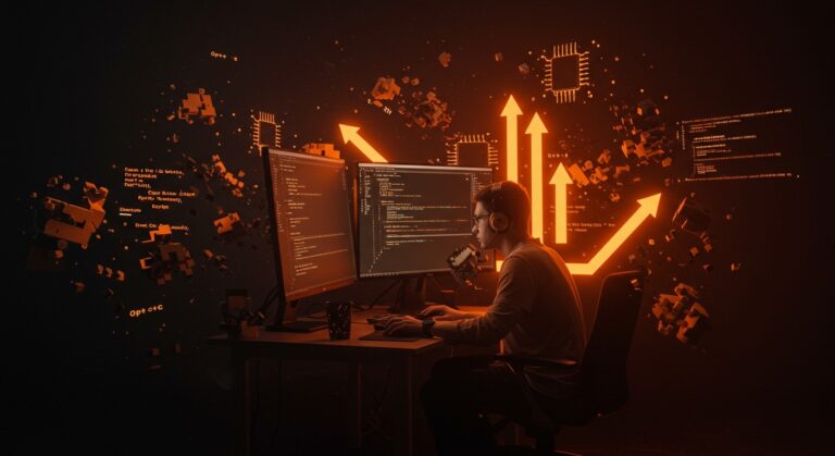 Optimización y portabilidad en el código fuente de Minecraft visualizado con un desarrollador y metáforas tecnológicas de arquitectura de juegos y programación en C++ y Java.