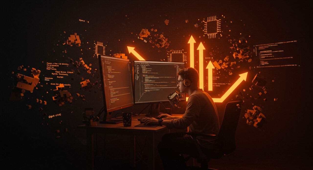 Optimización y portabilidad en el código fuente de Minecraft visualizado con un desarrollador y metáforas tecnológicas de arquitectura de juegos y programación en C++ y Java.