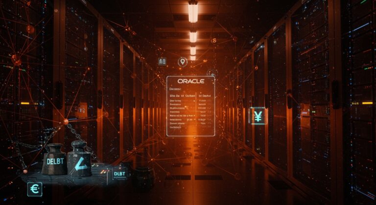 Oracle data centers iluminados en naranja y negro con símbolos abstractos de deuda y tecnología IA destacando riesgos financieros en infraestructura AI 2026.