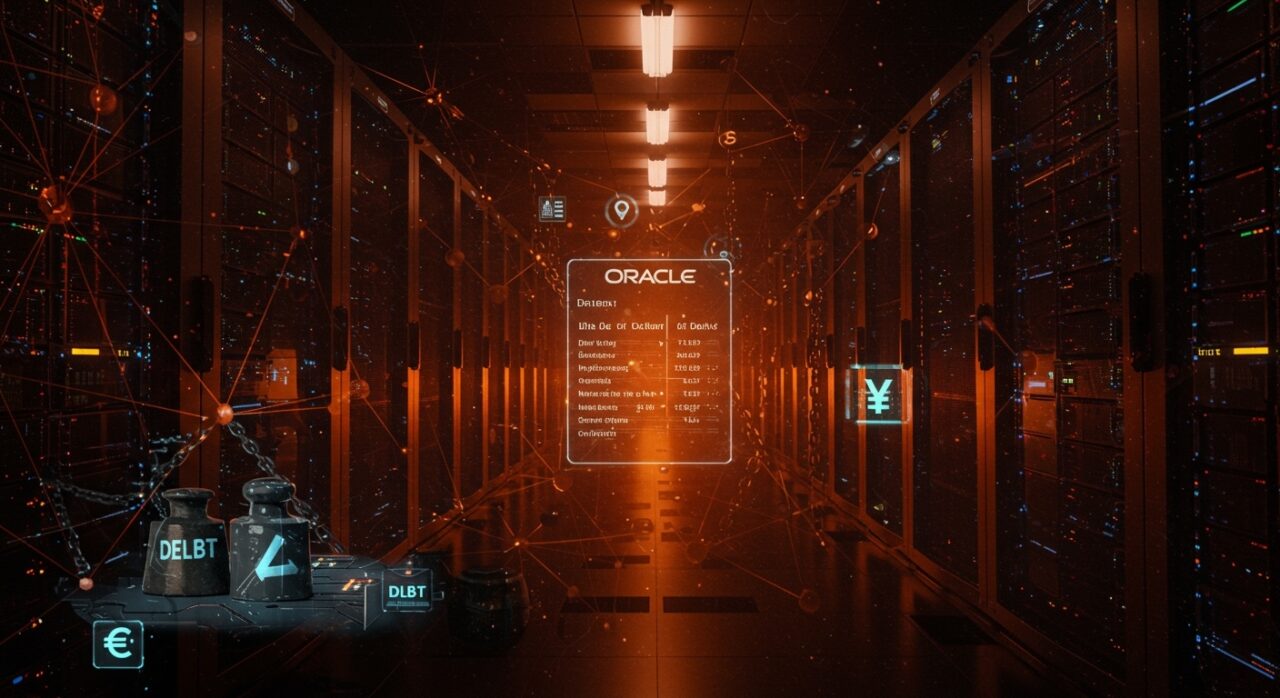 Oracle data centers iluminados en naranja y negro con símbolos abstractos de deuda y tecnología IA destacando riesgos financieros en infraestructura AI 2026.