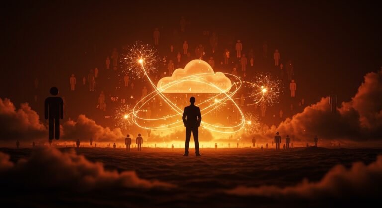 Líder corporativo con fondo digital que simboliza inteligencia artificial, recorte de empleos y expansión en cloud computing de Oracle.