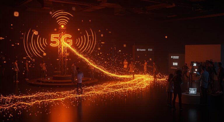 Antena 5G de Orange emitiendo señales digitales en un evento, representando conectividad premium y neutralidad de la red en telecomunicaciones.