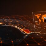 Vista aérea del estrecho de Ormuz con enfoque en la geopolítica y energía, destacando oportunidades comerciales para España y startups latinas.