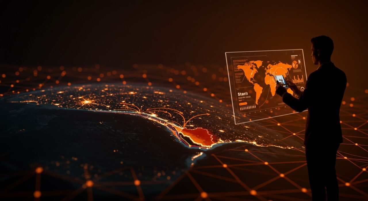 Vista aérea del estrecho de Ormuz con enfoque en la geopolítica y energía, destacando oportunidades comerciales para España y startups latinas.