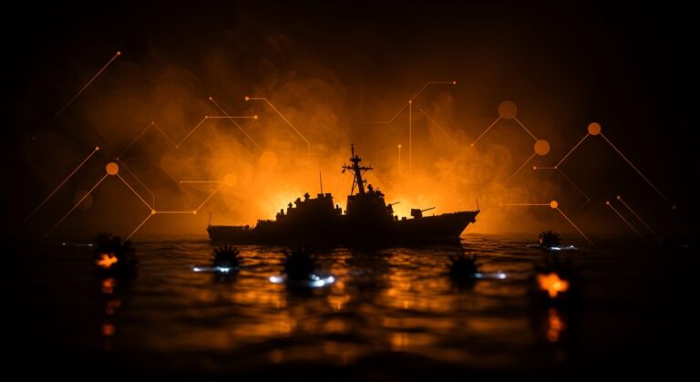 Escena editorial de la Armada de EEUU en el estrecho de Ormuz enfrentando minas navales y riesgos geopolíticos al mercado energético global.