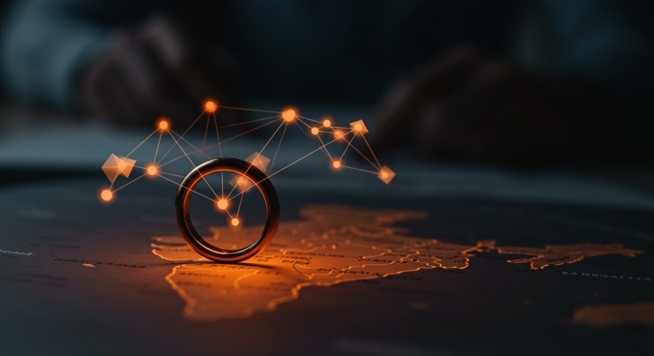Oura Ring 4 sobre mapa de India con símbolos luminosos de expansión internacional y mercado wearable tecnológico.