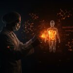 Científico analizando holograma del microbioma humano con modelos de IA en startup biotech de salud innovadora.