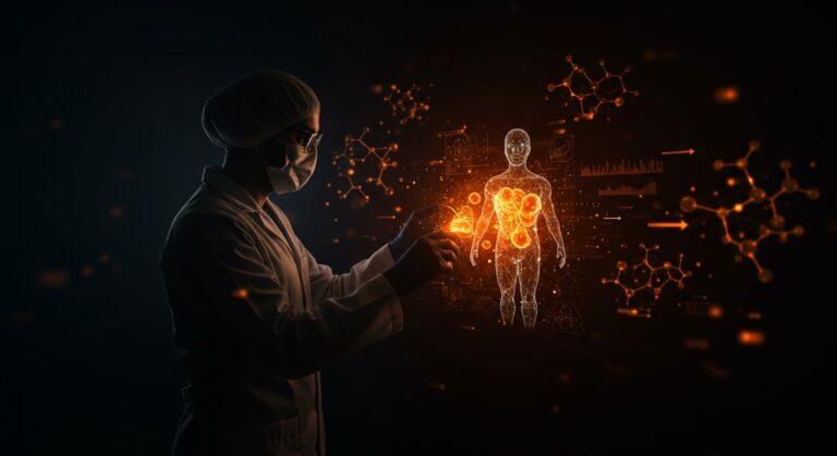 Científico analizando holograma del microbioma humano con modelos de IA en startup biotech de salud innovadora.
