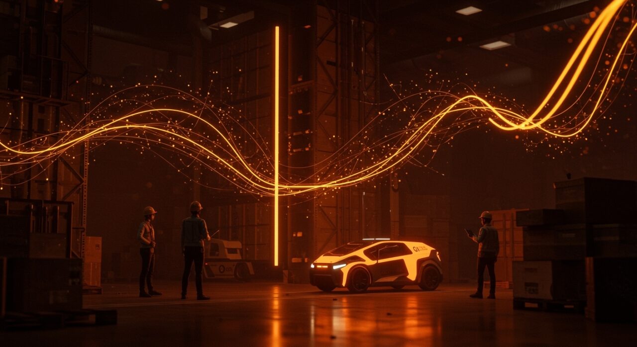 Vehículo autónomo en logística industrial simbolizando inversión Serie D de Oxa con respaldo de NVIDIA y UK Wealth Fund.