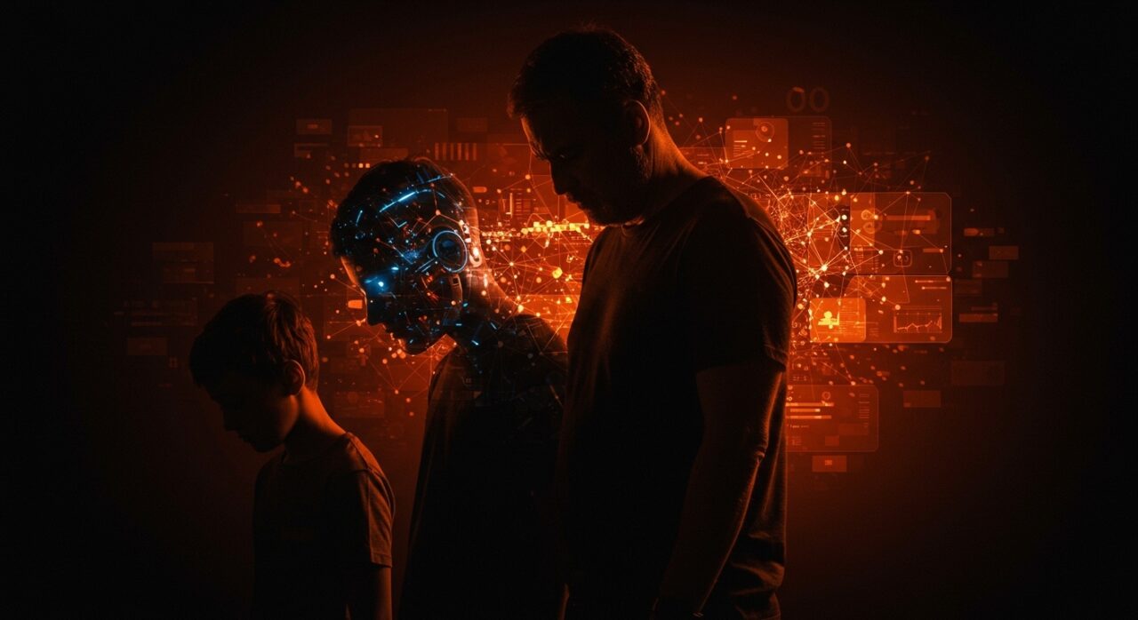 Padre afectado confrontando los riesgos y dilemas éticos del chatbot Google Gemini en la inteligencia artificial conversacional.