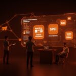 Fundadores fintech interactuando con interfaz digital de pagos inmediatos en México, representando retos y oportunidades de adopción tecnológica.