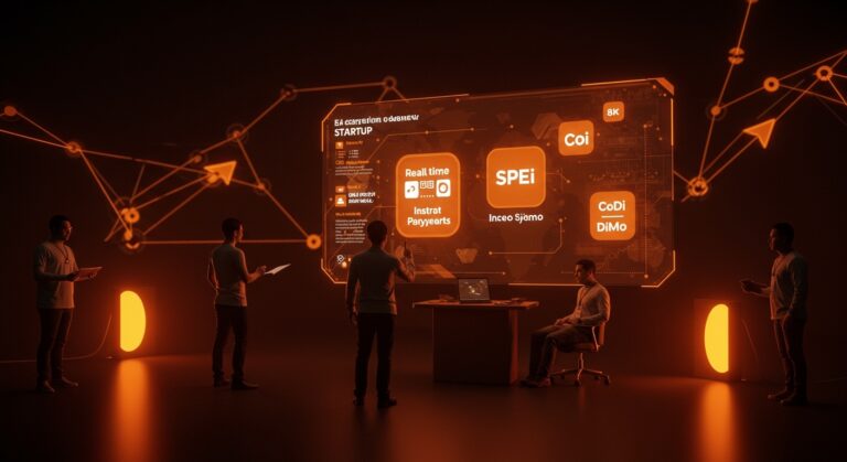 Fundadores fintech interactuando con interfaz digital de pagos inmediatos en México, representando retos y oportunidades de adopción tecnológica.
