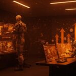 Visualización de IA aplicada en planificación militar con Palantir y Anthropic mostrando automatización y toma de decisiones estratégicas en operación militar.