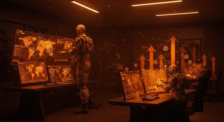 Visualización de IA aplicada en planificación militar con Palantir y Anthropic mostrando automatización y toma de decisiones estratégicas en operación militar.