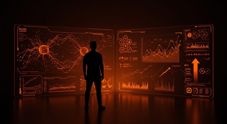 Imagen de un fundador tecnológico frente a una pantalla digital con datos de IA aplicada y análisis militar, representando avances de Palantir en tecnología militar e IA.