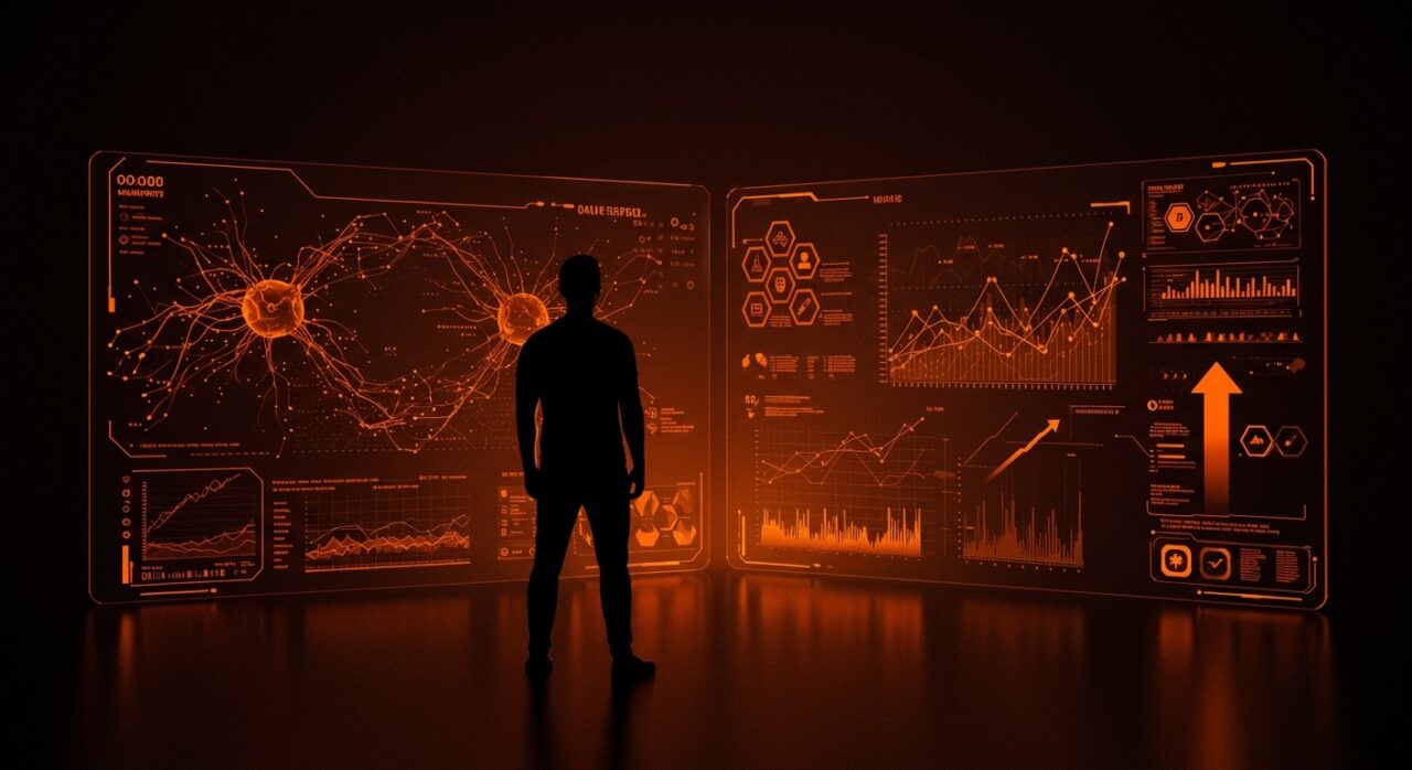 Imagen de un fundador tecnológico frente a una pantalla digital con datos de IA aplicada y análisis militar, representando avances de Palantir en tecnología militar e IA.