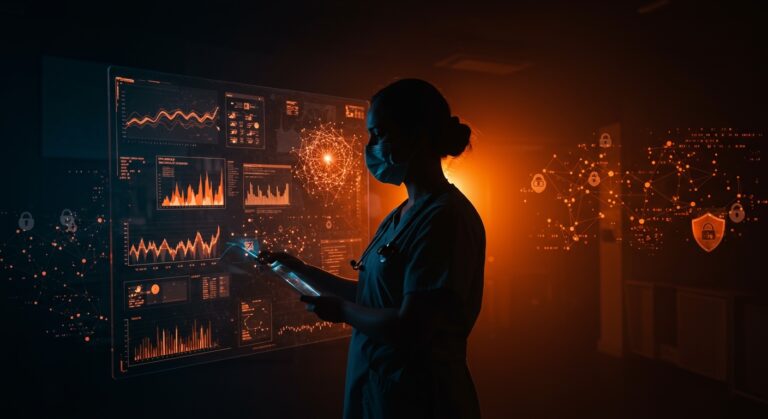 Profesional de salud reflexionando sobre ética y privacidad en inteligencia artificial aplicada en hospitales públicos.