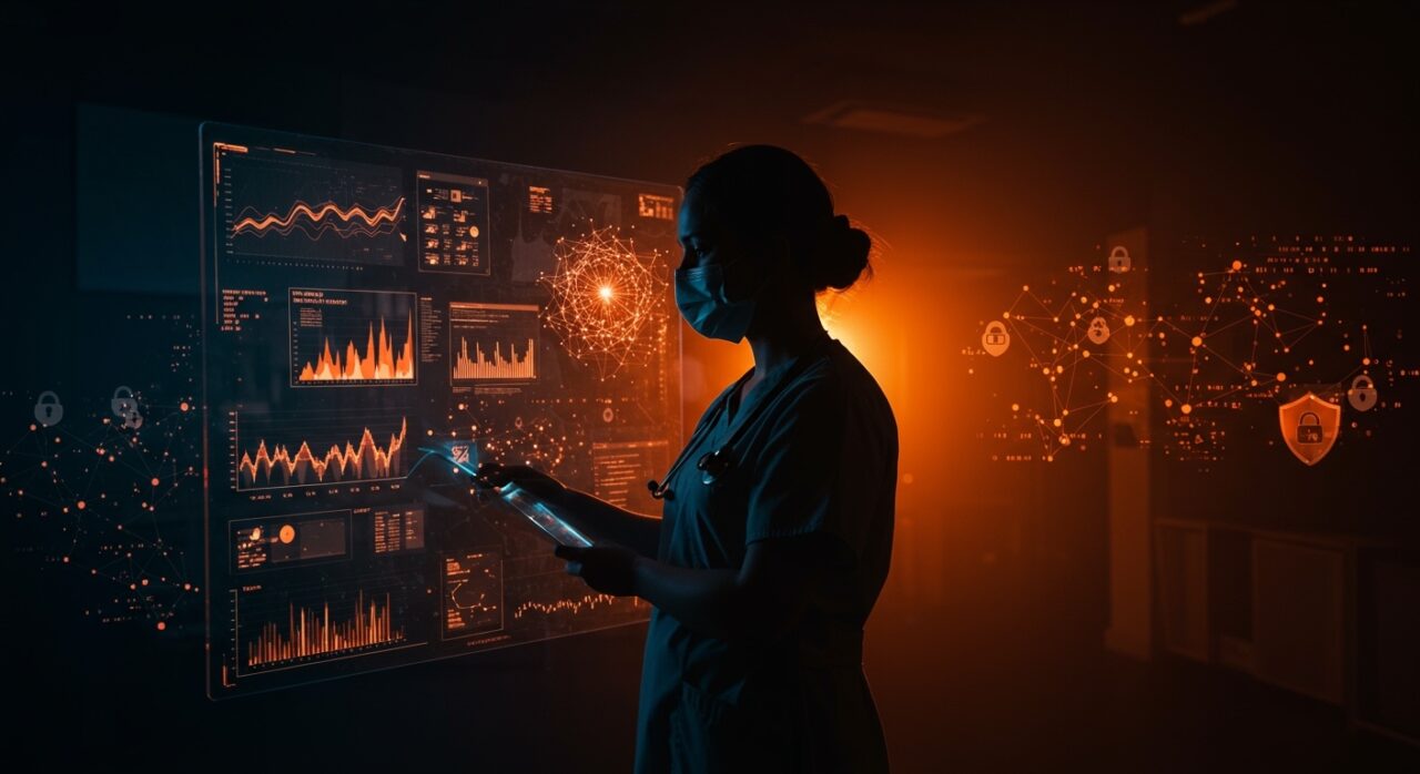 Profesional de salud reflexionando sobre ética y privacidad en inteligencia artificial aplicada en hospitales públicos.