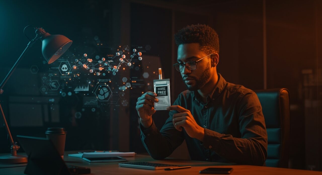 Empleado tech en Silicon Valley con bolsa de nicotina gratuita, ilustrando la tendencia de nicotina como perk de productividad en startups tecnológicas.